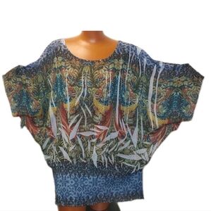One World Dolman Top Plus Sz 3X Bird Tattoo Art Y2k Sheer Chiffon Smocked Waist